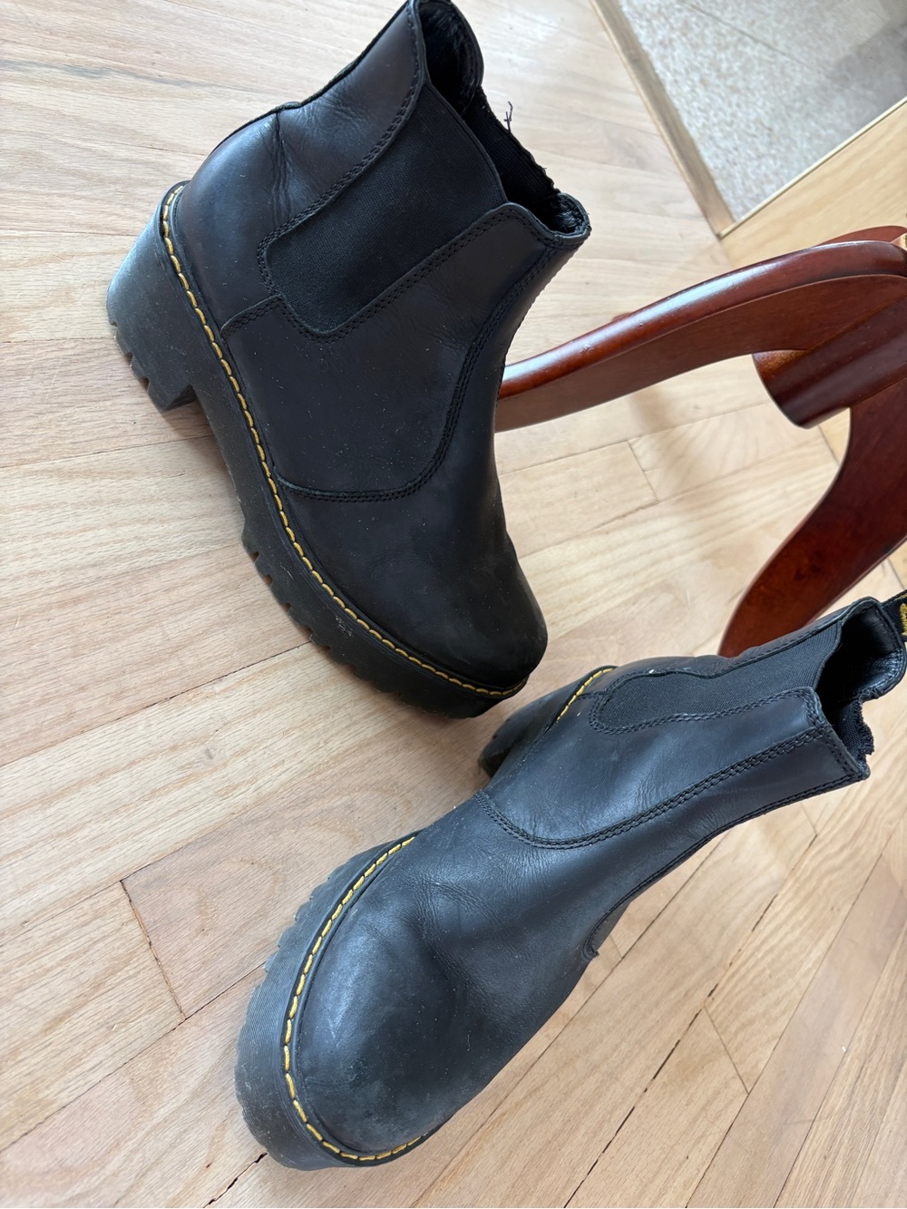 Dr. Martens Black Chelsea Platform Booties with Yellow Stitching